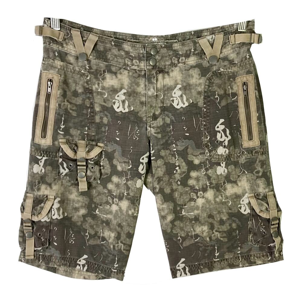 DANANG Shorts M Silk Cotton Cargo Graphic-Writing Flap-Pocket Snap Zip AdjstWist
